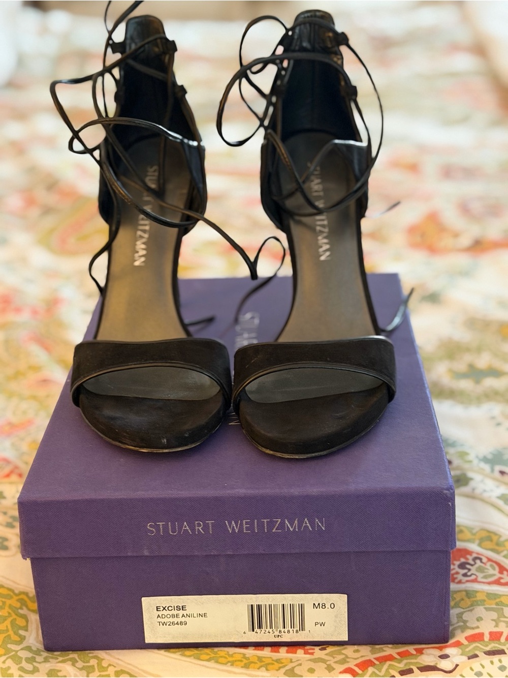 Stuart Weitzman Excise Black Lace-Up Open-Toe Heels
